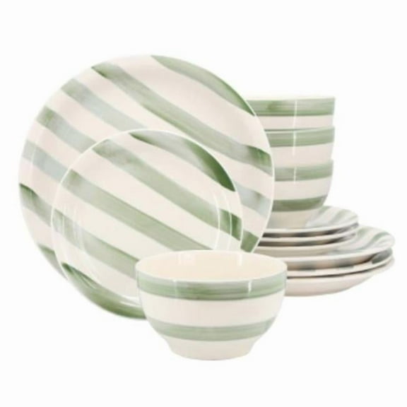 Gibson Home 148491.12 Kenwood Shores Sto are Dinnerware Set in Green Stripe - 12 Piece