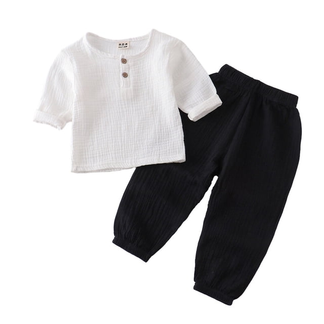 Spring Summer Children T-shirt Elastic Waist Trouser Set Long Sleeve Round Neck Tops Pants Kit Clothes Birthday Gift White Black 100cm