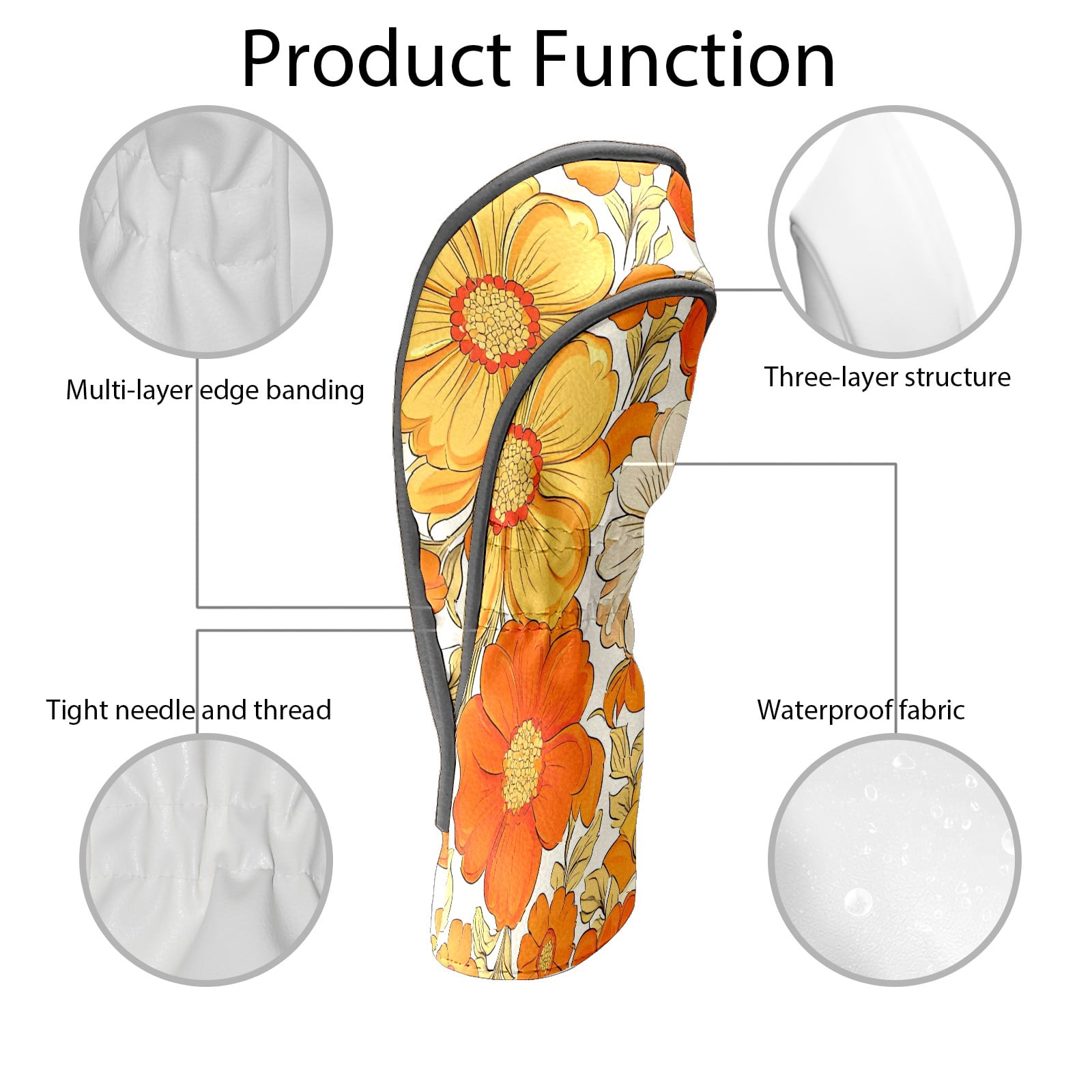 Golf Club Covers, Orange Flower Premium PU Leather Driver Hybrid Putter Head Covers with Velvet Lining, Waterproof Golf Gifts for Men Women