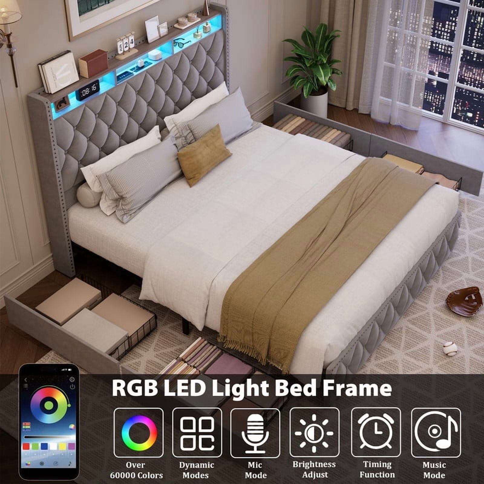 Towallmark King Size Bed Frame with 50.8" Tall Headboard, Platform Velvet Upholstered Bed Frame with 4 Storage Drawers, USB Charging Station, Led Lights, No Box Spring Needed, Easy Assembly, Beige