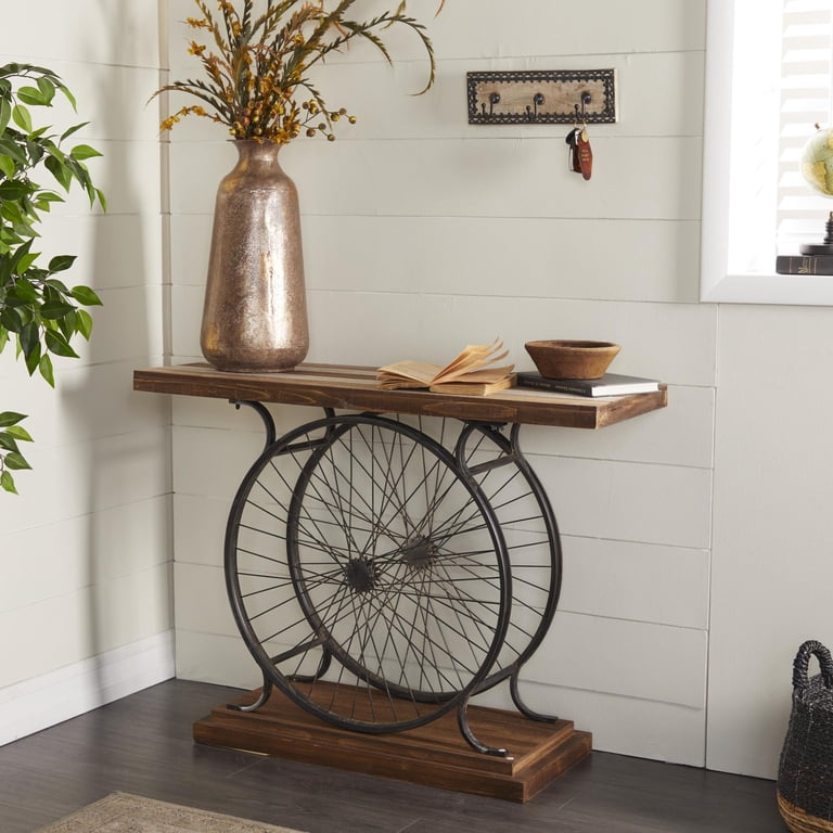 ◆サイドテーブル◆Φ40cm◆ウォールナット◆PYD05-11◆ DecMode Industrial Fir Wood and Metal Wheel Console Table, 39