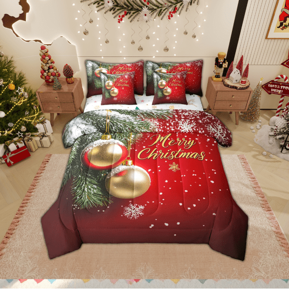 jejeloiu Merry Christmas Bedding Comforter Set 7-Piece,Gold Xmas Ball King Bedding Sets,White Winter Snowflake Bed Sheets For Men Women,Super Cozy Room Decor Reversible