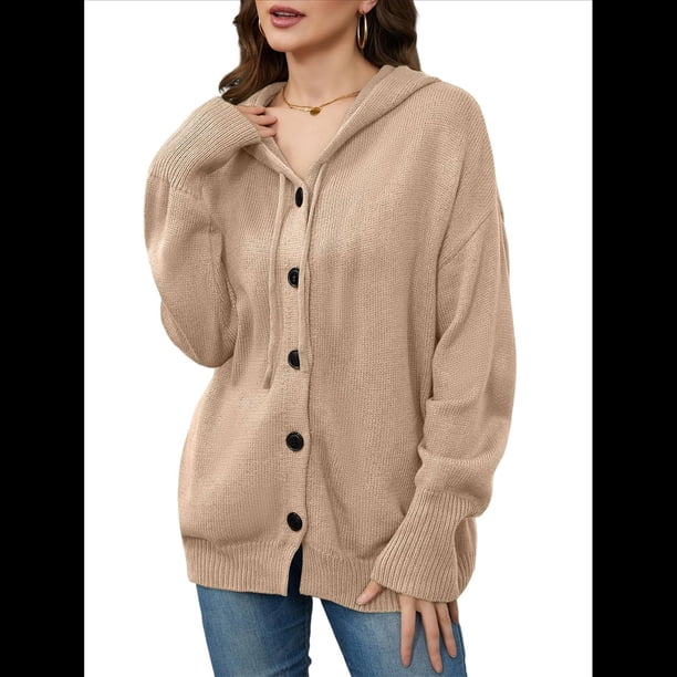 Cárdigan Informal con Cuello en V y Botones para Mujer, Sudadera con Capucha y Larga Caqui L