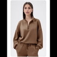 thumbnail image 4 of Sudadera Holgada Informal de Modal con Media Cremallera y Cuello Alto para Mujer, Jersey de Larga Popular para Otoño de 2025. Marrón XL, 4 of 8