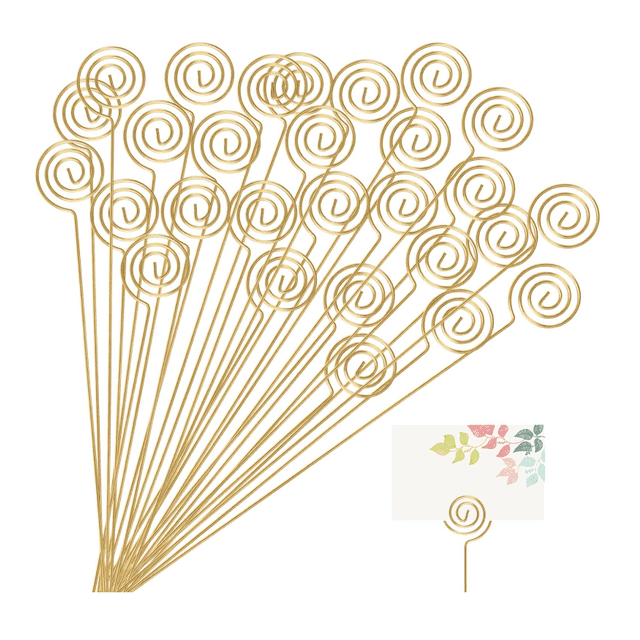 KAKOWELY 30 unidades de portatarjetas florales con alambre de metal, para colocar ramos de flores, tarjetas, fotos, notas, clips dorados para centro de mesa redondo.