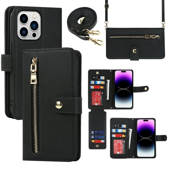 ELEHOLD Luxury Wallet Case for iPhone 13 Pro Max 6.7" Card Slots Zipper Purse Stand Function with Crossbody Strap Wrist Strap PU Leather Shockproof Case,Black