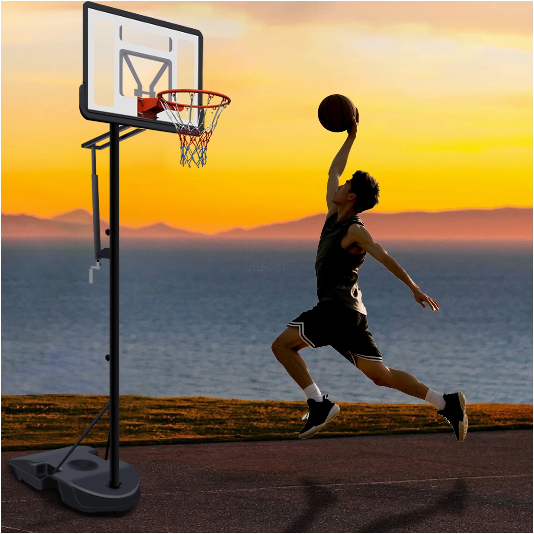 JERFIT Adjustable Height Portable Basketball Hoop for Kids & Adults, 34" Shatterproof Backboard with Wheels, Indoor Outdoor Basketball Goal with Water/Sand Base, Youth Play System