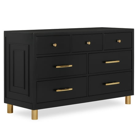 Evolur Loft Art Deco Double Dresser with 7 Drawers, Metal Drawer Pulls, Black, Modern