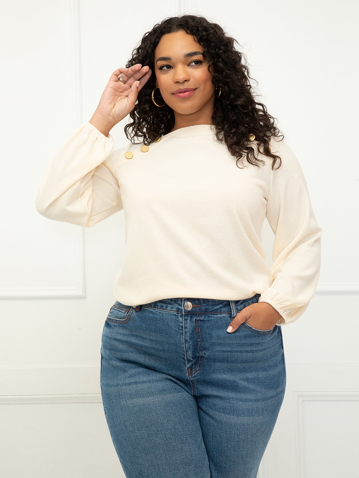 ELOQUII Elements Women's Plus Size Balloon Sleeve Tee With Buttons -  Walmart.com