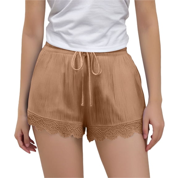 DeHolifer Girls' Cotton Linen Shorts Elastic Waisted Drawstring Lace Solid Color Summer Loose Comfy Shorts with Pocket,13 Years