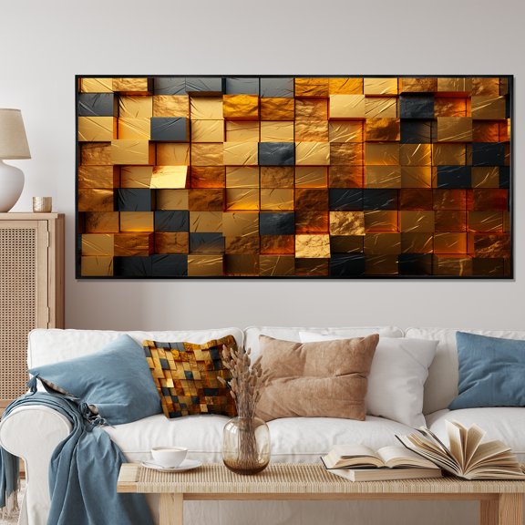 Designart "Abstract Geometric Grunge Gold Cubes IV" Oversized Abstract Framed Wall Art - Modern Gold Abstract Geometric Bedroom Framed Canvas Wall Art