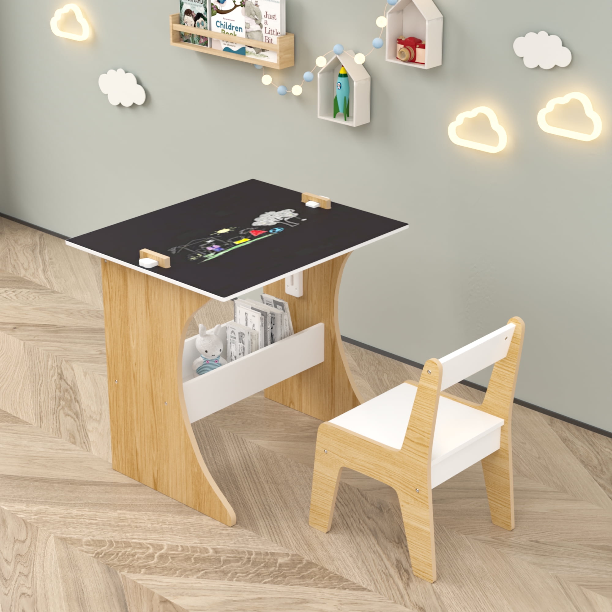 Mintazer Kids Activity Table and Chair Set with Storage Rack, Wooden Study Table with Convertible Tabletop Blackboard for Study, Drawing and Play, White