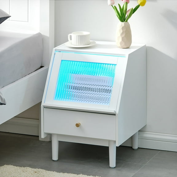CLIPOP LED Nightstand, White Bedside Table with Drawer, Solid Wood Legs, Flip Hidden Fluted Glass Door Night Stand for Bedroom, Small Space