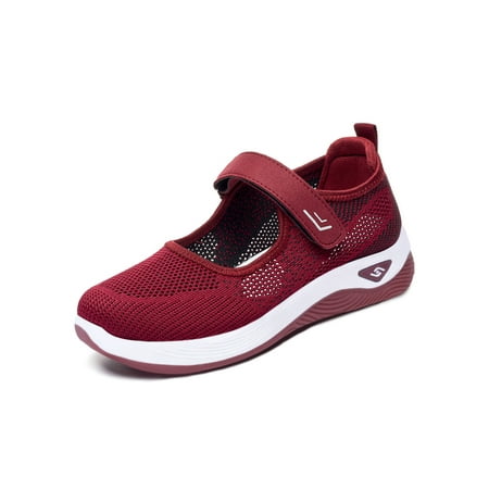 

Colisha Ladies Mary Jane Shoes Ankle Strap Sneakers Mesh Flats Womens Lightweight Comfort Shoe Magic Tape Red 7.5