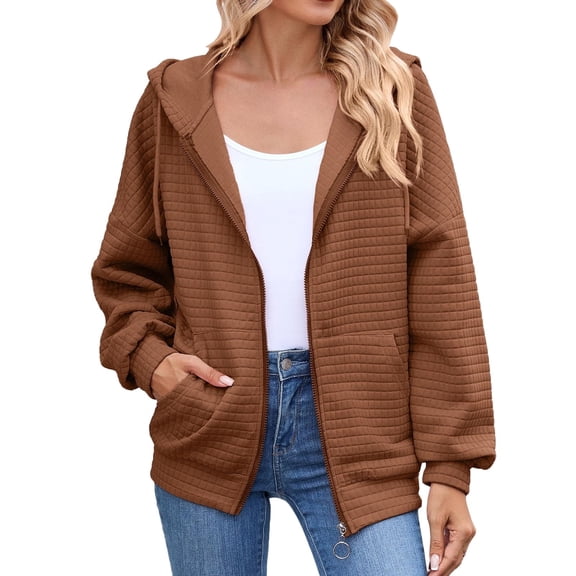 Breezora Hooded Waffle Knit Sweatshirt for Women Zipper Front Long Sleeve Spliced Casual Jacket L Size Brown