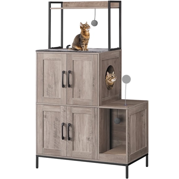 HOOBRO Hidden Double Litter Box Enclosure with Shelf, Greige and Black