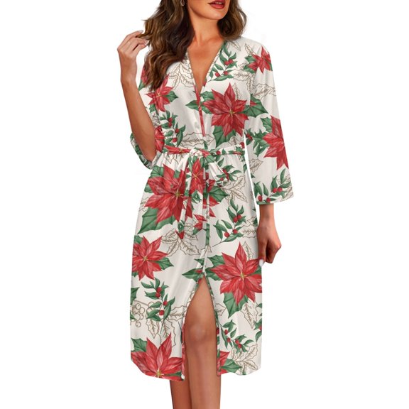 Yuyamidu Christmas Robe Poinsettia Long Gowns for Women Sleepwear Ladies Kimono Dress Comfy Long Sleeve Bathrobe for Girls Teens Lightweight Nightgown Sleepwear Size 2XL
