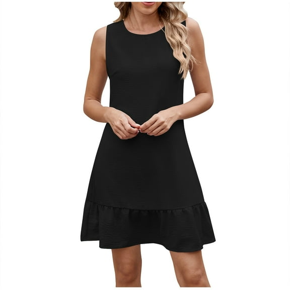 WCMZJ Sleeveless Dress for Women's Ruffle Hem Round Neck Casual Smock Mini Dresses Tie Back Dress Black M