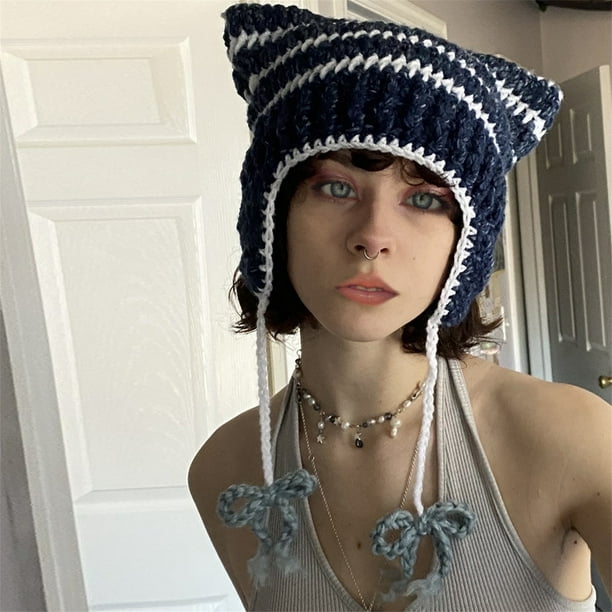 xiaxaixu Cat Beanies for Women, Winter Warm Cat Ear Hat Grunge