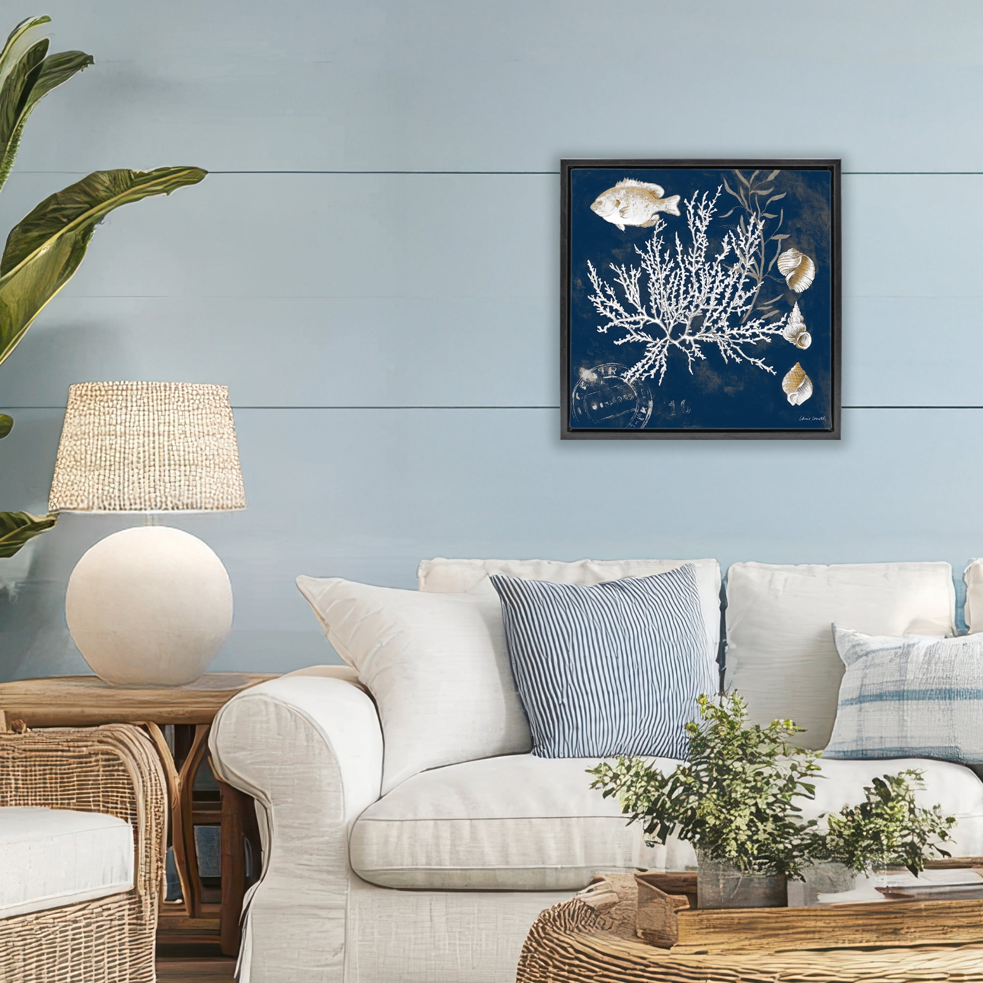 Stupell Industries Coral Medley on Blue Black Framed Floater Canvas Wall Art, design by Lanie Loreth