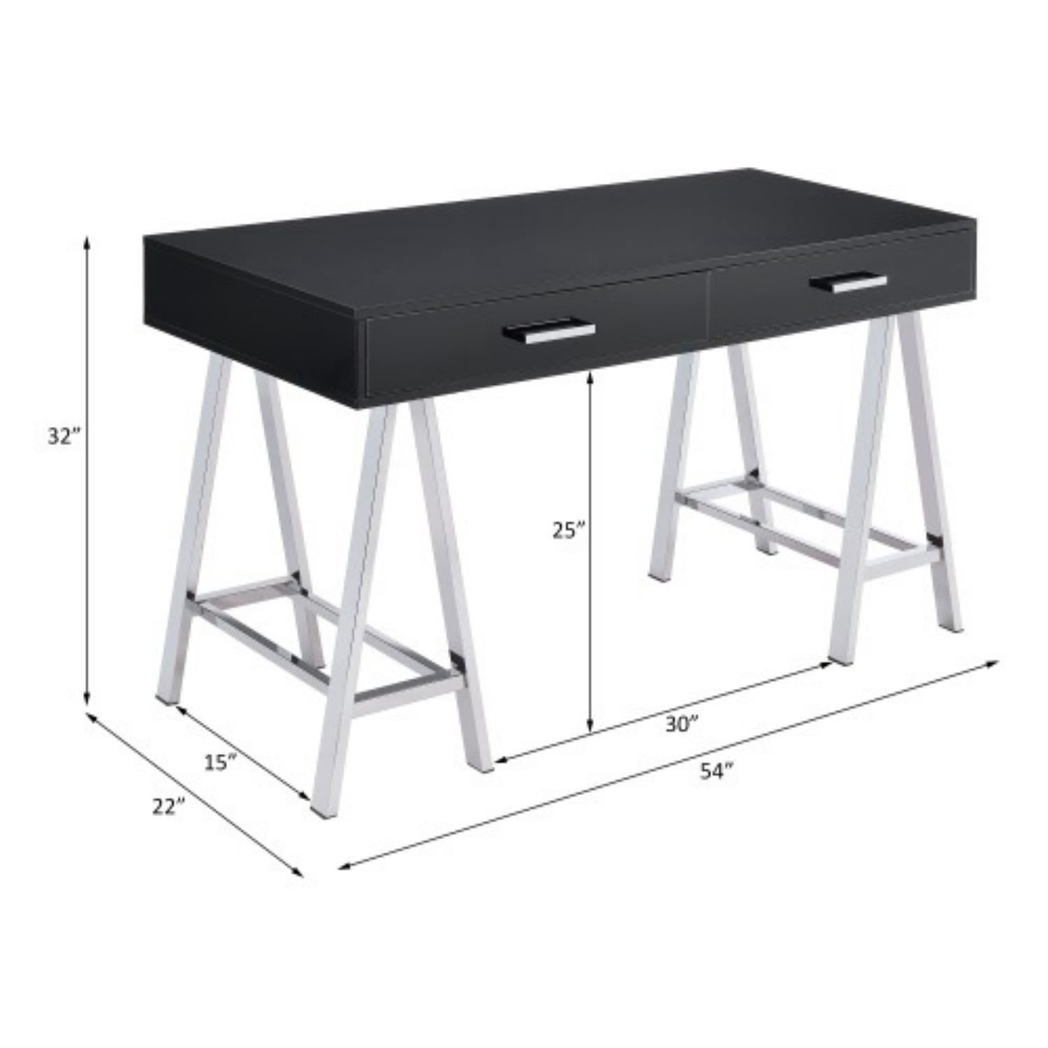 Modern Writing Desk with USB Ports, Black High Gloss Computer Desk with 2 Drawers & Chrome Metal Frame for Home Office Study