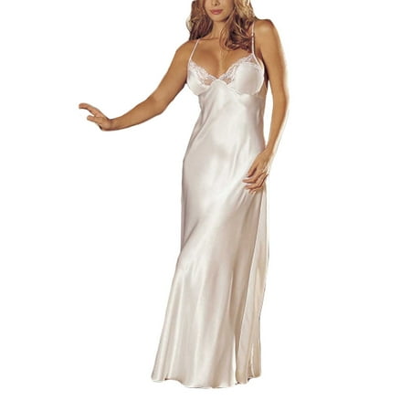 Womens Satin Long Nightgown Lace V-Neck Silk Sleepwear Slip Dress Spaghetti Strap Racerback Nightdress Womens Silk Pajamas Skirt White S