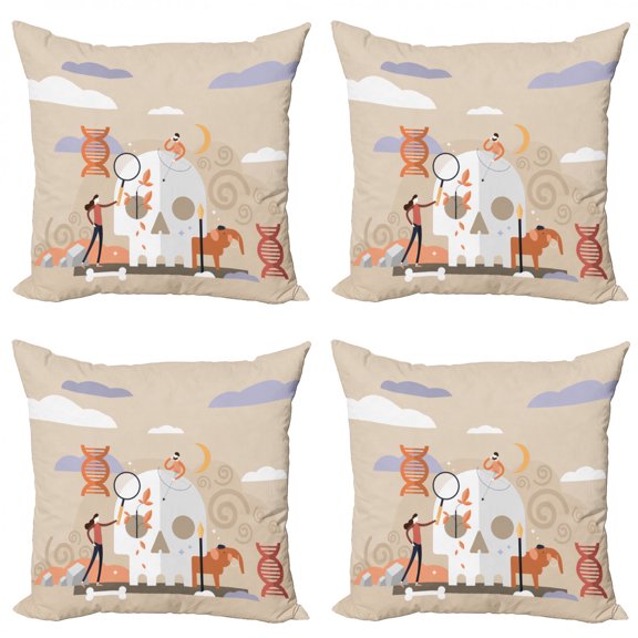 Abstract Throw Pillow Cushion Case Pack of 4, Educational Culture Composition with Prehistoric Elements with a Skull, Modern Accent Double-Sided Print, 4 Sizes, Beige Multicolor, by Ambesonne
