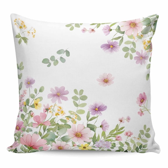 Throw Pillow Covers 24x24 Inch, Pink Spring Floral Decorative Pillow Cases for Couch Sofa Bed, Watercolor Botanical Wildflowers Cotton Linen Square Home Decor Pillowcases with Hidden Zipper