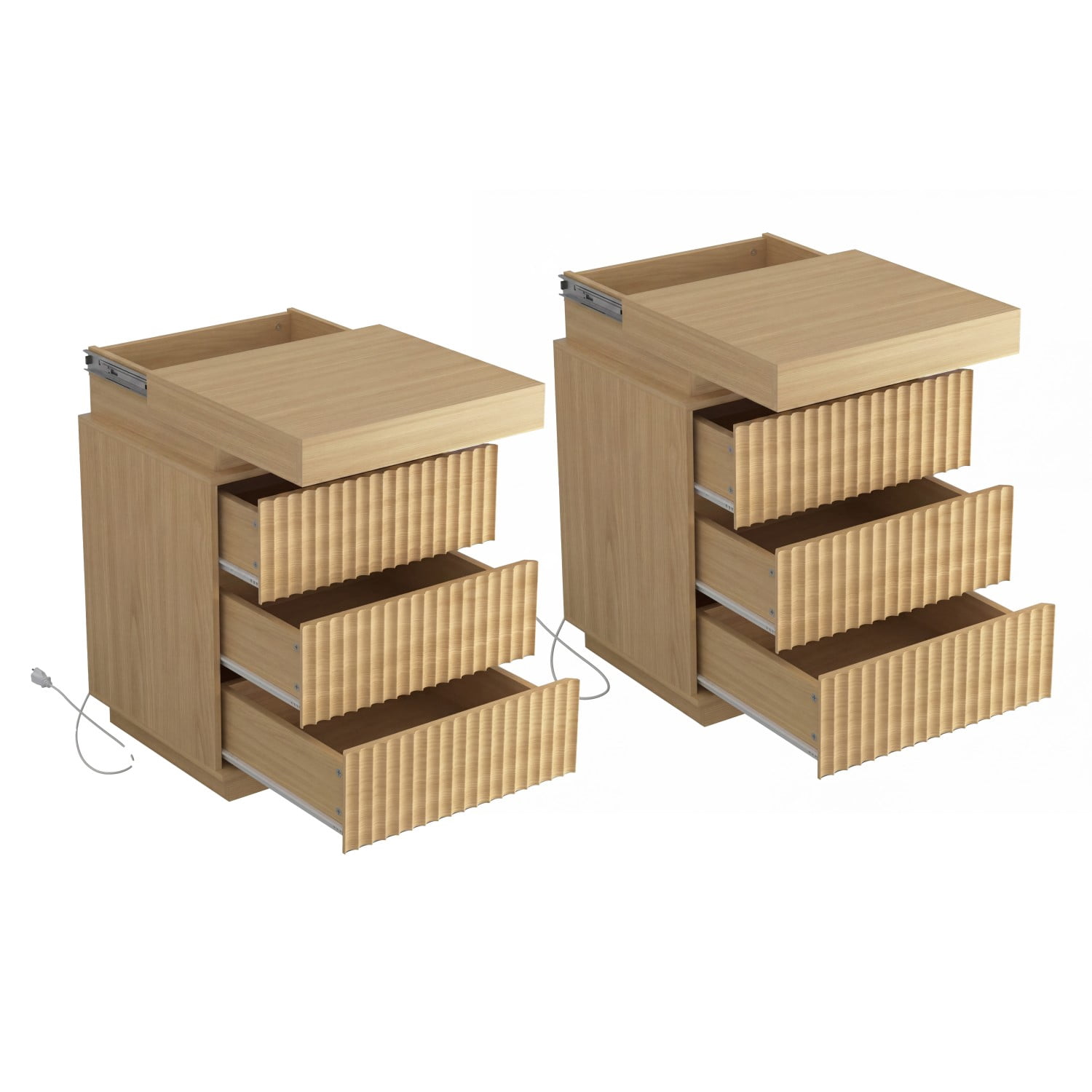 Set of 2 Natural Nightstands with Charging Station & LED Lights, Fluted Wave Panel Bedside Tables with Hidden Sliding Top Storage, 3 Drawer Night Stands for Bedroom & Living Room