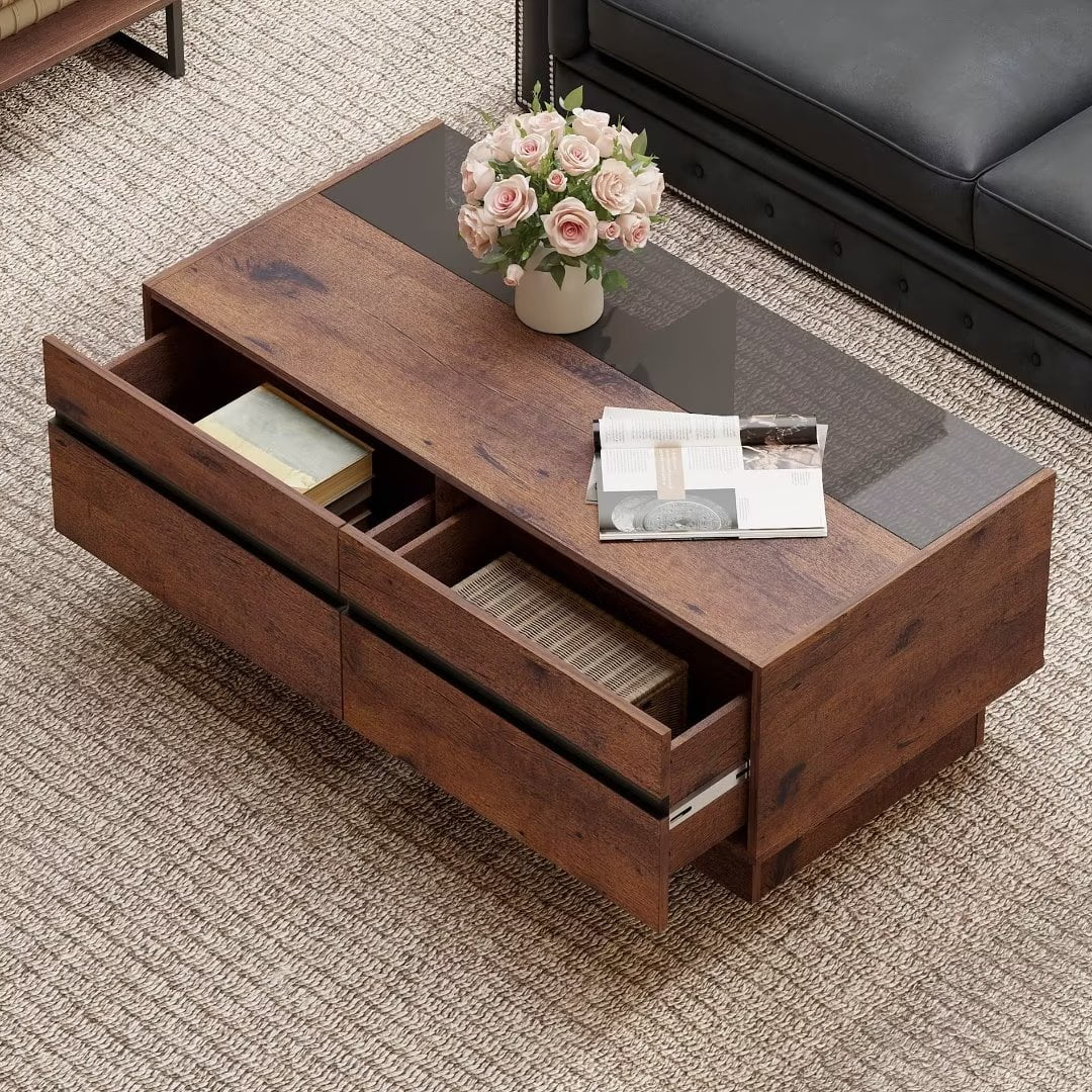 Wampat Modern Coffee Table Wood Center Table With Tempered Glass And Large Storage Drawers For Living Room 43.2