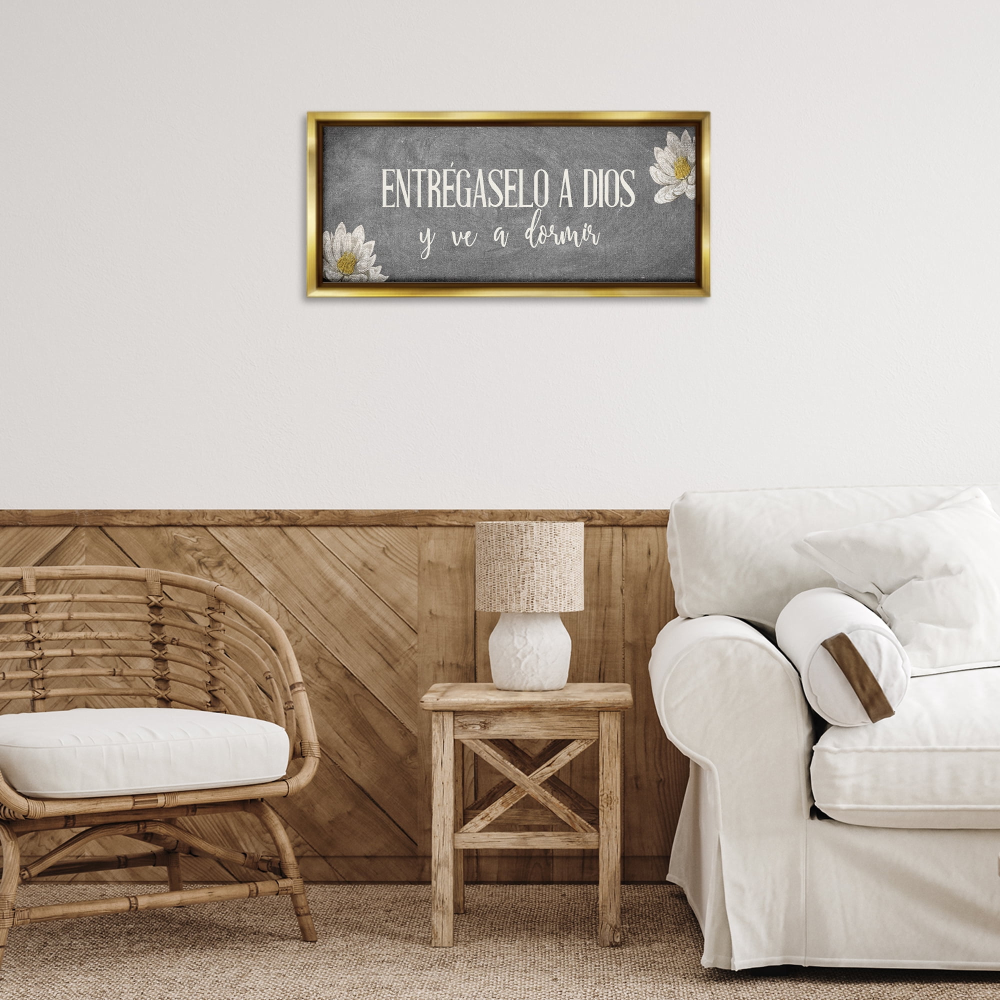 Stupell Industries Entrégaselo a Dios y Descansa Religious Quotes and Sayings Painting Gold Floater Framed Art Print Wall Art, 25 x 11