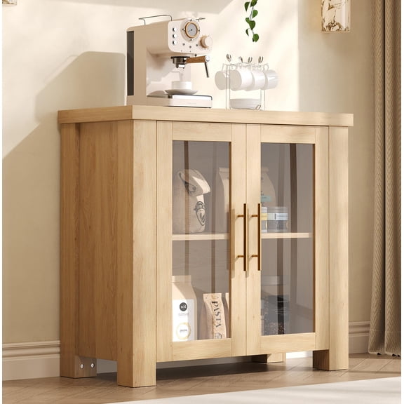 PYY Buffet Cabinet with Storage, 31.5" Sideboard Credenza with Tempered Glass Doors, Wood Buffet Table for Living Room, Dining Room, Kitchen and Home Office, Natural Wood