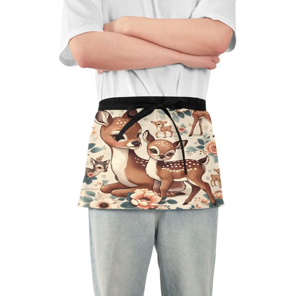 Retro Sika Deer and Flowers Server Apron with 3 Pockets Waterproof Waitress Waist Short Apron for Man Woman 12 Inches