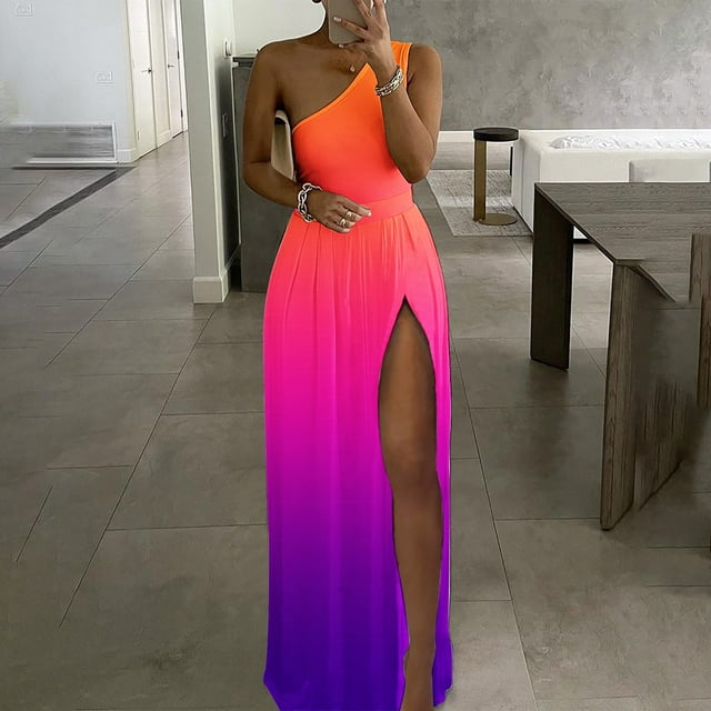Lenago Robes Formelles Grande Taille pour Femmes Mode Décontractée Été Sans Manches Imprimé Robe Fendue à une Épaule Robes de Plage Été en Liquidation