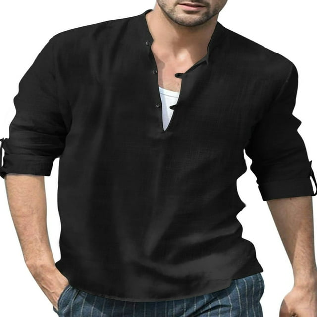Men‘s Henley Shirt Solid Color Long Sleeve Stand Collar Button-Down Loose Simple Linen Beach Tops
