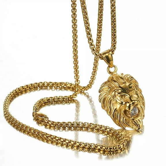 Fashion Cool 18K Gold Tone Men's Lion Stainless Steel Pendant Chain Necklace