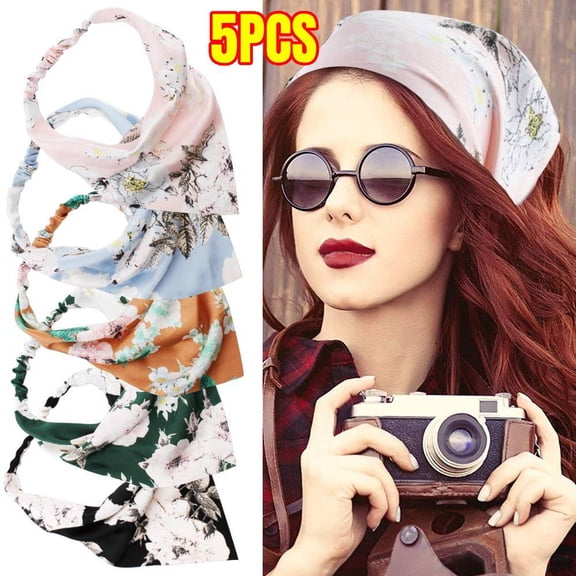 5 Pcs Beautiful Floral Chiffon Headbands - Boho Elastic Thin Fashion Headbands for Women
