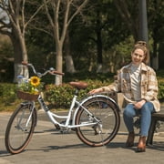 Viribus 24 Women's Cruiser Bike for Adults, 7-Speed Beach & City Bicycle with Basket Rack, White