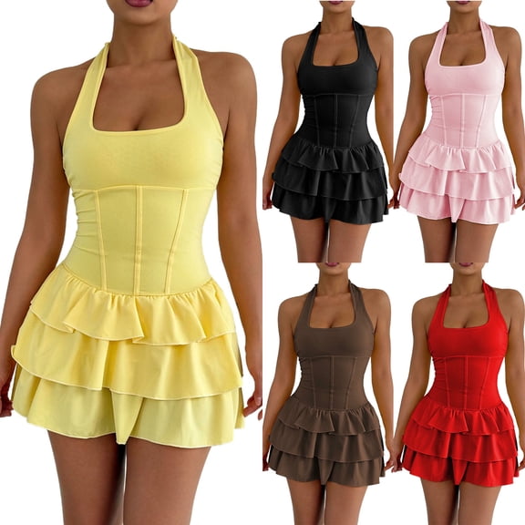 POIUYTR Women Casual Beach Halter Dress Summer Ruffle Hem Sleeveless Dresses Vacation Tiered Mini Sundress