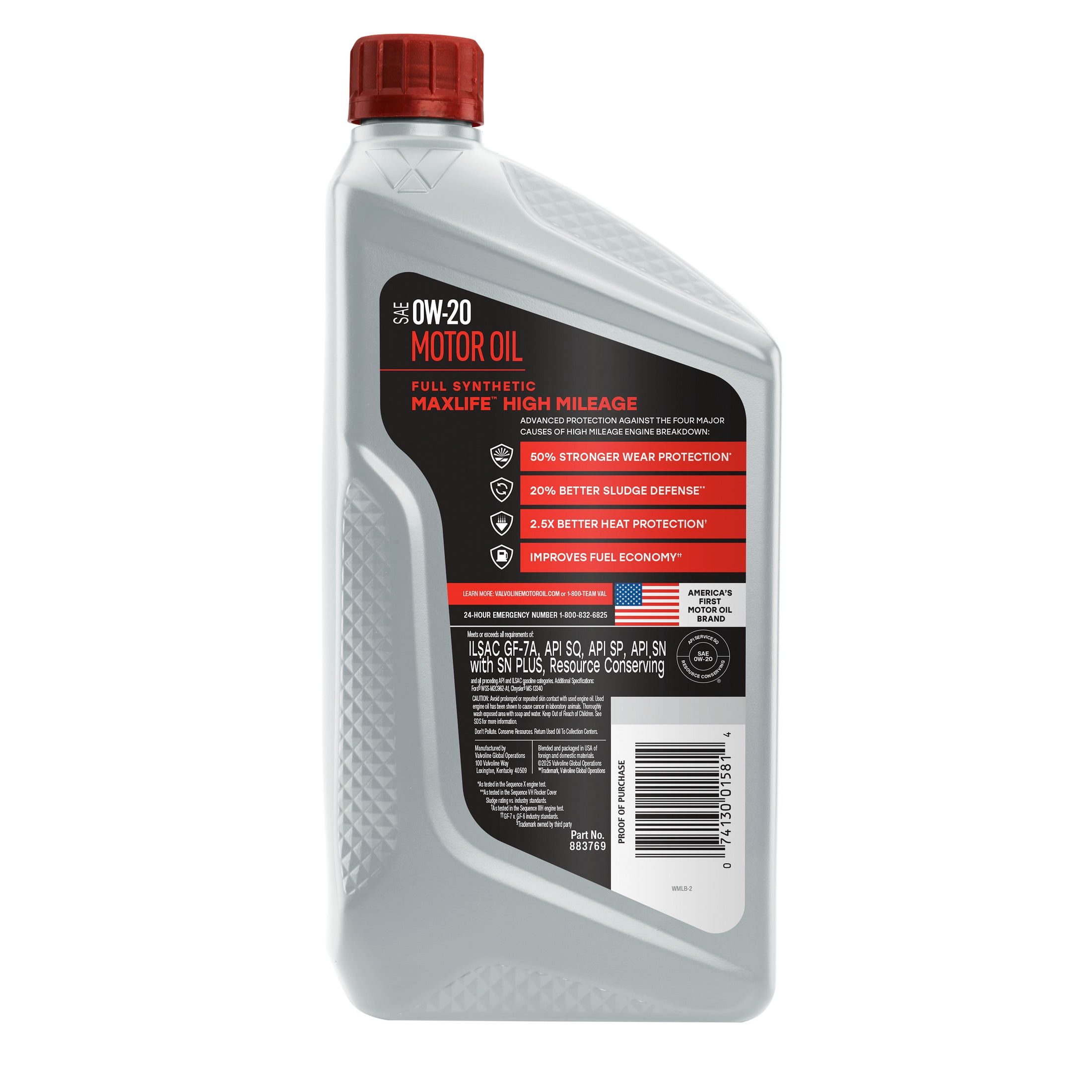 (4 pack) Valvoline MaxLife Full Synthetic High Mileage 0W-20 Motor Oil 1 Quart