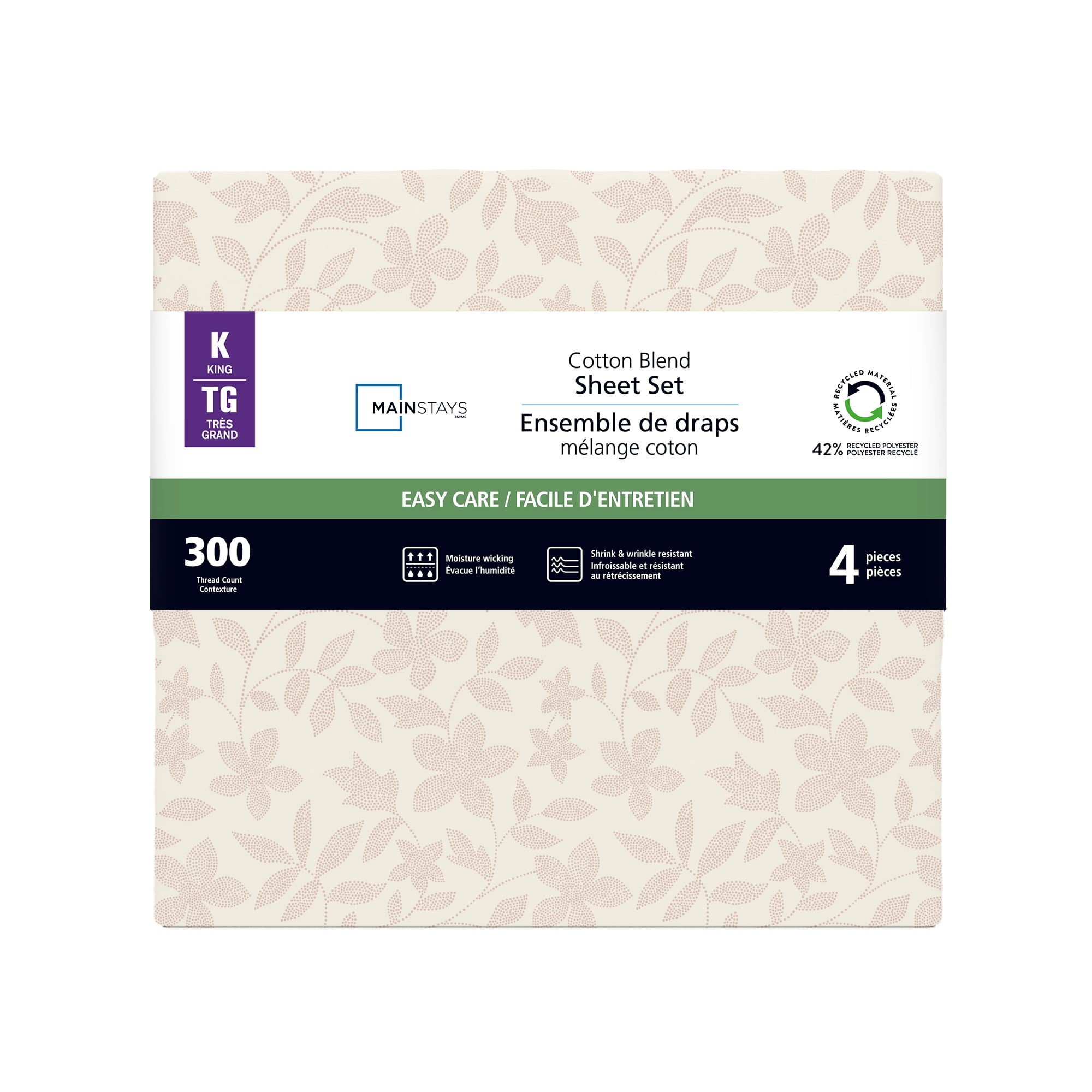 Parure de lit 4 pièces Mainstays en mélange de coton 300 nombre de fils à motif floral et CVC, pour lit double (adulte) Ensemble de draps 2 places