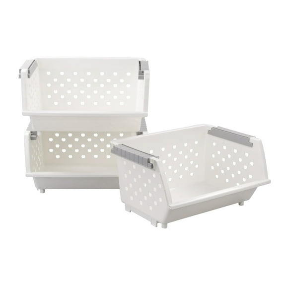 Afromy 3 Packs Plastic Stacking Organizer, Stackable Shelves Storage Baskets, Stacking Open Front Storage Bins, White