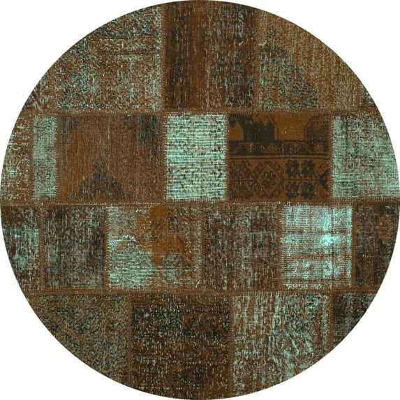 Ahgly Company Indoor Round Patchwork Turquoise Blue Transitional Area Rugs, 4' Round