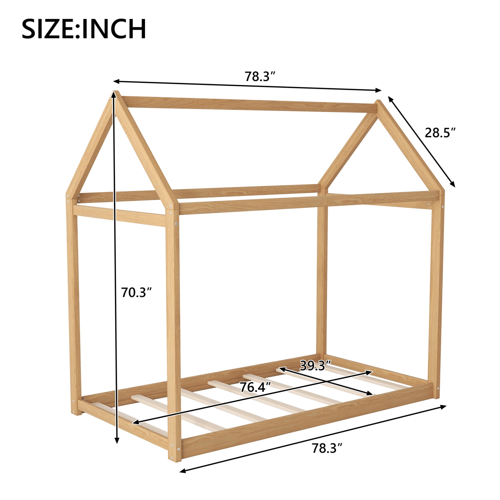 Twin House Bed, Wood Montessori Bed Frame with House Roof Canopy, Low Floor Bed with Sturdy Wood Slat Support for Kids Boys Girls, 400LBS Weight Capacity, No Box Spring Needed, Wood