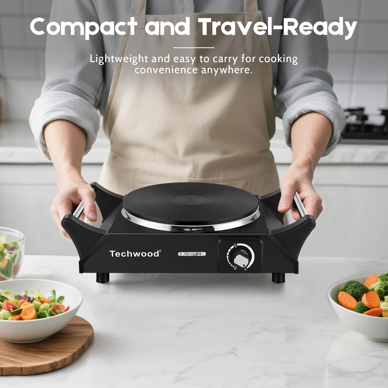 Techwood Portable Electric Cooktop Burner, 1500W, Compact, Non-slip, Stainless, Black