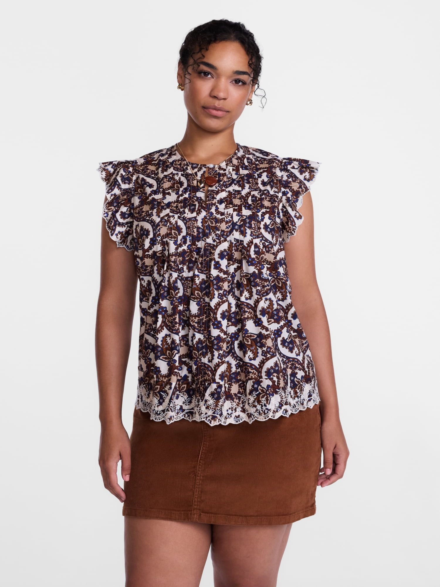 Scenario Women's and Women's Plus Short Sleeve Pleated Embroidered Printed Top, Sizes XS-4X