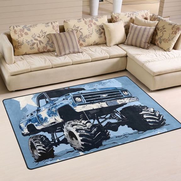 Blue Monster Truck Area Rug Washable Floor Carpet Mat 60 x 39 inch for Bedroom Living Room Kids Room Home Decor