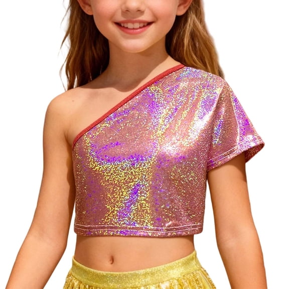 XEGLSBU Girls Shirts Size 14 16 Short Sleeve Girls off Shoulder Top with Allover Micro Print Cropped Casual Tee for Dance and Party Wear Fashion Playful Classic Hot Pink Size 120