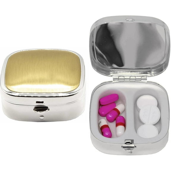 Set of 2 Dual-Compartment Square-Shaped Pocket Purse Pill Box & Organizer (Silver Classic)