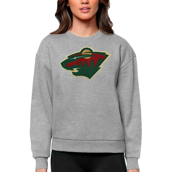 Women's Antigua Heather Gray Minnesota Wild Primary Logo Team Logo Victory Crewneck Pullover Sweatshirt